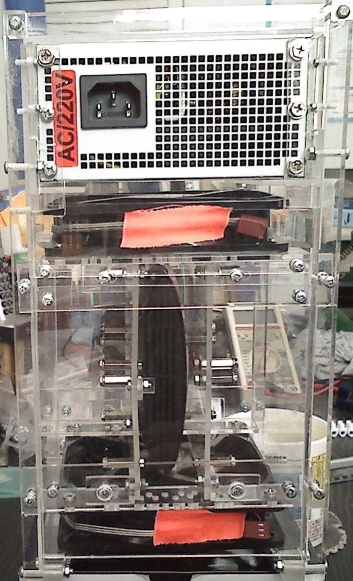 Back view of completed Parallella mini-cluster case with PSU, fans and network switch installed