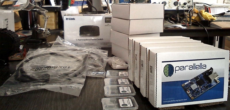 Contents of Parallella mini-cluster packager arranged on desk